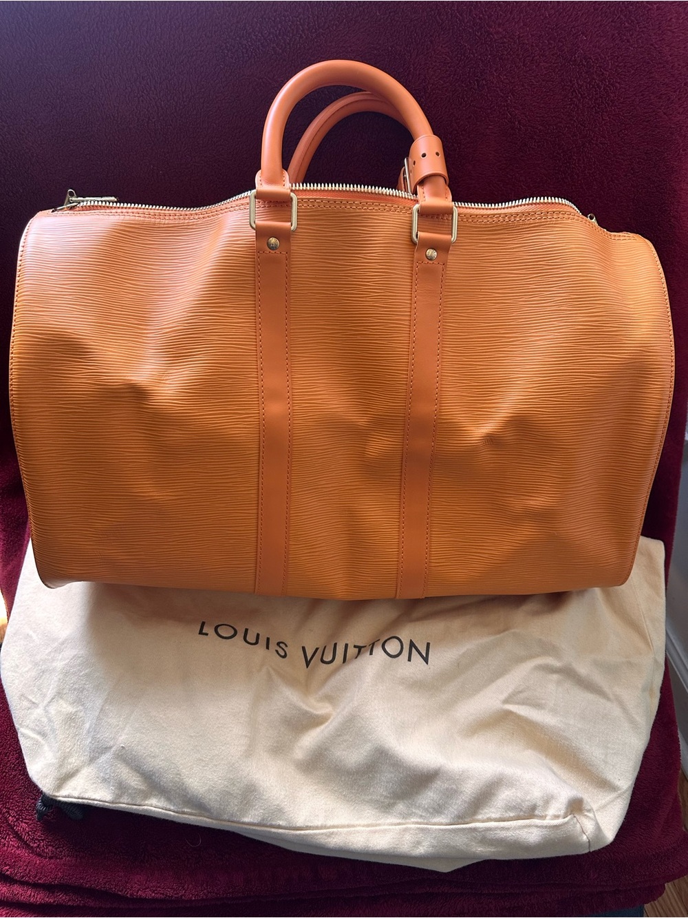 Louis Vuitton Orange Epi Leather Travel Duffle Bag